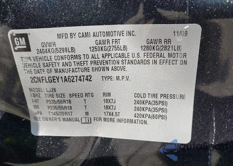 2010 Chevrolet Equinox Ltz z USA, uszkodzony, nr VIN 2CNFLGEY1A6274742